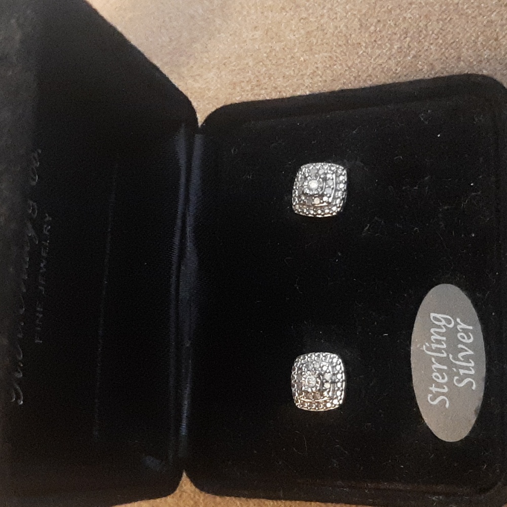 Sterling Silver Diamond Square Stud Earrings - Silver
